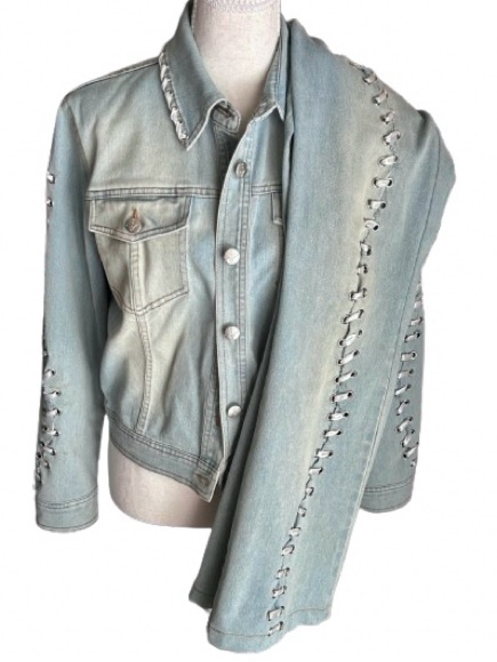 Y2K 90s 2-PC Lace Up Set Jean Denim Small Boho Cotton 4 Bohemian Denim Jacket